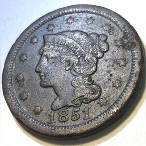 High Grade About Uncirculated Details 1851 US Large Cent- Amazing Condition!